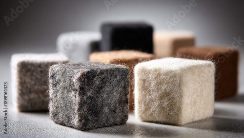 Close-up of several cubes of varying neutral colors; texture appears soft and fibrous