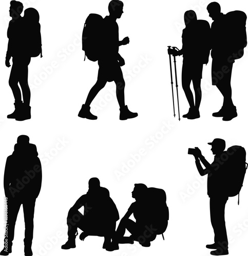 Hiking backpackers silhouettes illustration set, outdoor travelers trekking with backpacks poles, adventure exploration concept, camping tourism nature theme, black flat vector