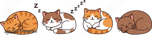 Cute Sleeping Cat Cartoon Vector Illustration Set with Cozy Kittens Curled Up and Napping Poses for Kids, Nursery, and Pet Design Projects