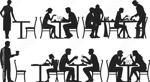 Restaurant dining silhouettes set, showing waiter couples families eating drinking talking at tables cafe dinner scene vector illustration flat black