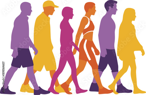 Colorful walking people silhouettes men women side view group urban lifestyle movement concept flat vector illustration isolated white background