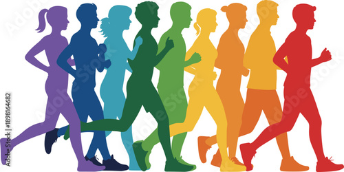 Colorful jogging runners silhouettes illustration, diverse people running in line, fitness endurance concept, active lifestyle movement theme, modern flat vector