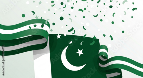 Pakistan Flag Waving with Green Confetti on White Background