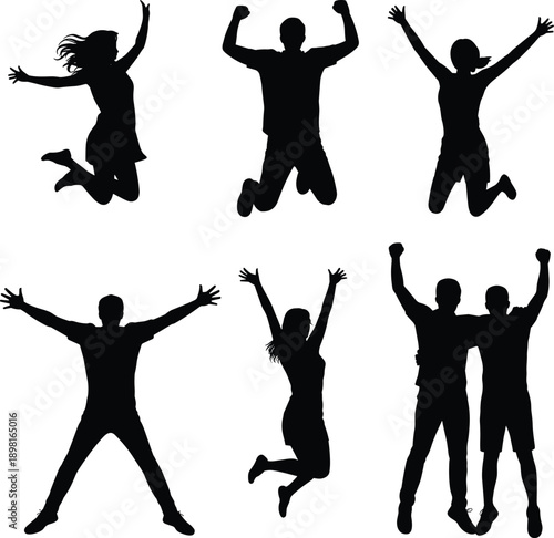 Jumping people silhouettes illustration set, happy men and women celebrating success, freedom joy concept, energetic positive emotion theme, black flat vector