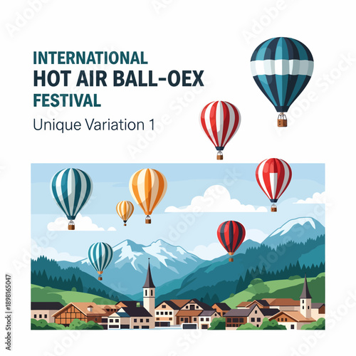An illustration of the International Hot Air Balloon Festival, showcasing colorful balloons floating above a picturesque village nestled in a valley with snow-capped mountains.