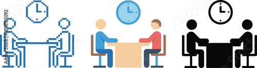 Pixel art office meeting illustration, business people discussion at table, time management clock concept, corporate collaboration theme, retro flat vector icons
