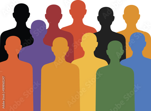 Colorful human silhouettes crowd illustration, diverse people standing together, community inclusion concept, social diversity theme, modern flat vector design art