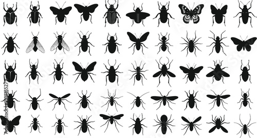 Insect Silhouette Vector Illustration Set with Beetles, Butterflies, Ants, Flies, Bees, and Various Bug Shapes in Black for Nature and Graphic Design