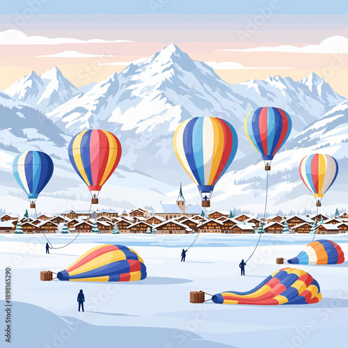 Colorful hot air balloons preparing for flight over a snowy alpine village with majestic mountains in the background.