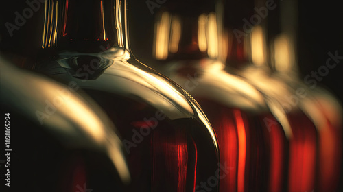 Close-up view of elegant glass bottles filled with amber liquid, reflecting warm light, showcasing the intricate design and textures, perfect for beverage advertising and product display