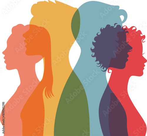 Abstract colorful human profile silhouettes overlapping diversity inclusion community concept modern flat vector illustration isolated white background social identity