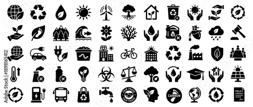 Large Set of Black Flat Vector Icons Representing Sustainability Ecology Environmental Conservation and Green Energy Isolated on White Background