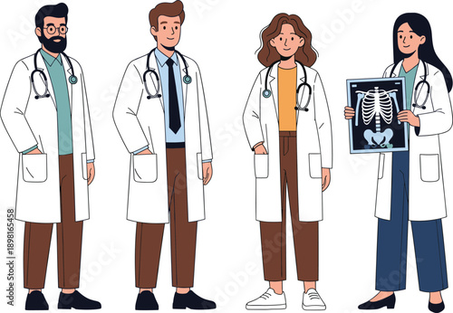 Medical Doctors Team Vector Illustration with Male and Female Physicians Wearing Lab Coats, Stethoscopes, and Holding X Ray Image for Healthcare Concepts