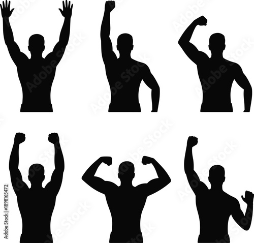 Strong male silhouettes illustration set, muscular man raising arms flexing poses, strength power fitness motivation concept, gym training theme, black flat vector