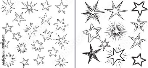 A comprehensive set of hand-drawn star doodles. Left side features various black ink outlines and solid silhouettes; right side displays vibrant yellow stars with expressive motion and glow lines.