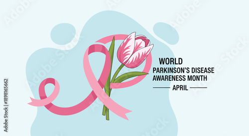 World Parkinson's Disease Awareness Month Graphic Featuring a Pink Ribbon Intertwined with a Pink Tulip and Green Leaves on a Light Blue Organic Background.