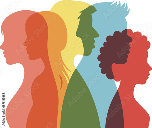 Abstract colorful human profile silhouettes overlapping diversity community concept modern flat vector illustration isolated white background social identity people art