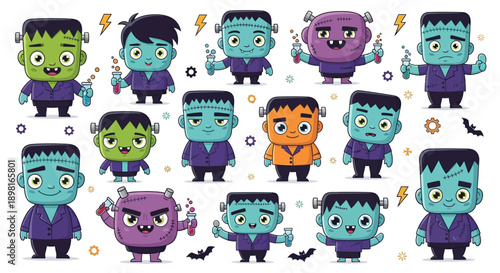 A collection of cute and colorful cartoon Frankenstein monsters in various poses and expressions, perfect for Halloween-themed designs.