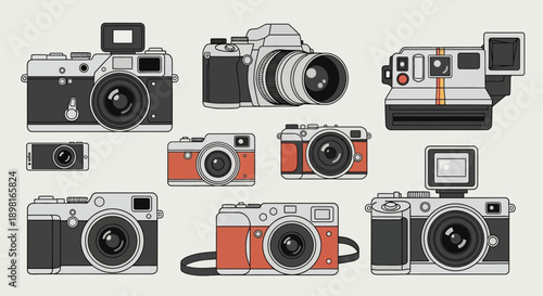 A collection of various vintage and modern cameras, showcasing different designs and eras of photography technology.