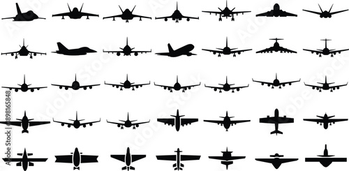 Military Jet and Aircraft Front View Silhouette Vector Illustration Set with Warplanes, Fighters, Bombers, and Transport Planes for Aviation Designs
