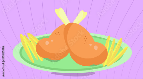 Two fried chicken legs with french fries on a plate