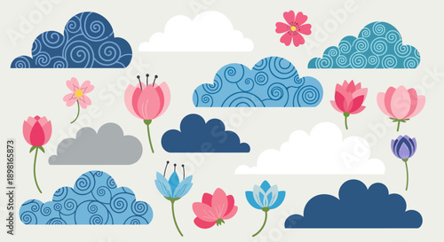 A whimsical collection of stylized clouds and blooming flowers in various shades of blue, pink, and white, set against a neutral background.