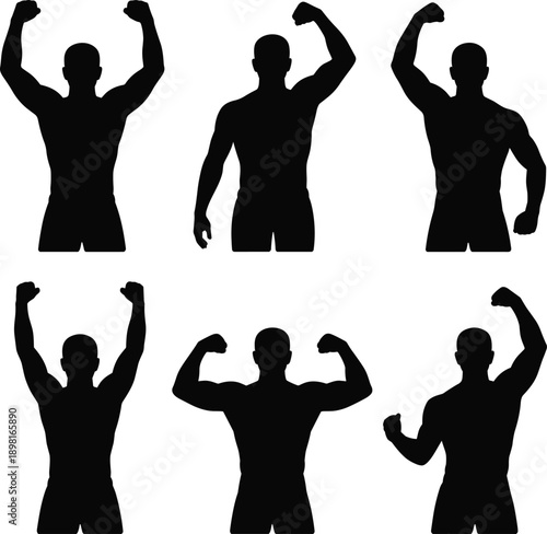 Bodybuilder silhouettes illustration set, muscular male figures flexing arms, strength power fitness concept, gym motivation theme, black flat vector