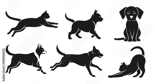 Collection of black silhouettes of cats and dogs in various poses, showcasing different movements and postures.