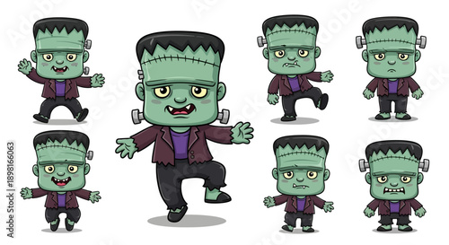 A collection of cute, cartoon Frankenstein monsters in various poses and expressions, perfect for Halloween-themed designs.