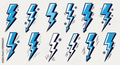 Collection of stylized blue and white lightning bolt icons with star accents, presented in a comic book art style.