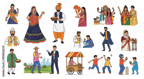 A vibrant collection of diverse Indian people engaged in various cultural activities, festivals, and daily life scenes, showcasing traditional attire and customs.