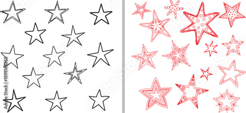 A diverse collection of hand-drawn vector stars and light bursts. Features minimalist black outlines alongside vibrant red sketches including double borders, dot patterns, and radiating sunbursts.