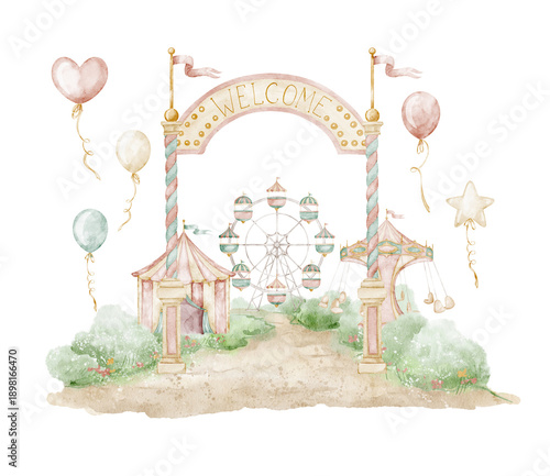 Wallpaper Mural Watercolor welcome arch illustration with balloons and Amusement park elements in pastel colors. Entrance with Ferris whale and carnival tent for children nursery posters and vintage fairground. Torontodigital.ca
