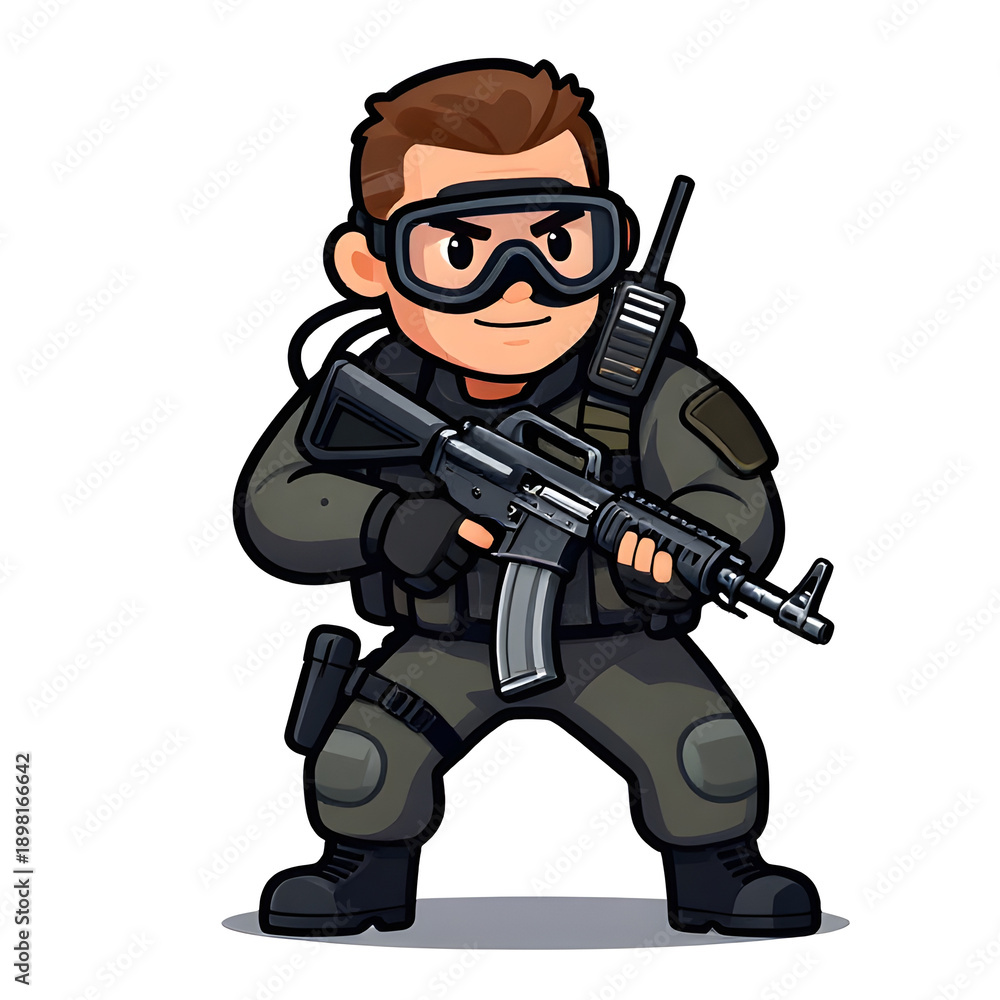 Obraz premium A sturdy special forces soldier with a combat weapon, fully equipped in special combat gear. Cartoon mascot, illustration, clean lines, flat design, modern, high quality