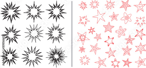 A collection of hand-drawn star doodles. Left side features various black ink outlines. Right side shows yellow stars with expressive motion lines and glowing sparkle effects.