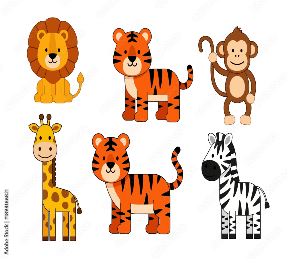 Fototapeta premium Cute Jungle Safari Animal Clipart Set for Kids Design 