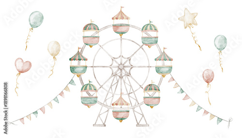 Wallpaper Mural Ferris wheel watercolor illustration with garlands and balloons in soft pastel colors. Vintage amusement park attraction for children designs, nursery posters, baby shower party invitations. Torontodigital.ca
