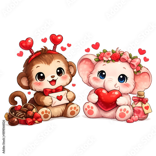 Cute Valentine Monkey and Elephant Couple with Hearts and Chocolates