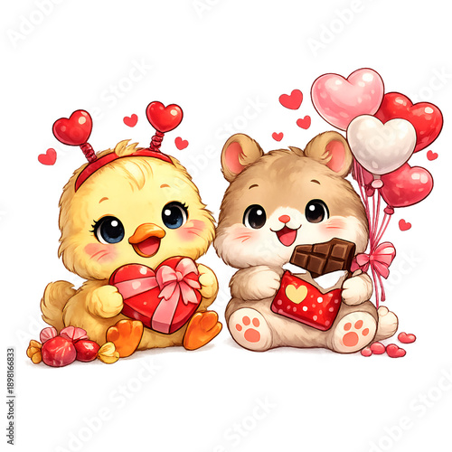 Cute Valentine Puppy and Bunny Couple with Gifts and Hearts