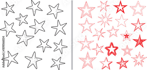 Hand-drawn vector stars featuring simple black outlines on the left and various red-toned sketches on the right, ranging from double outlines to bold, shaded, and burst-style designs.