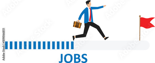 Looking for a new job and employment for career or job search, looking for a job vacancy or position, businessman climbing up the job search bar with binoculars to see opportunities.
