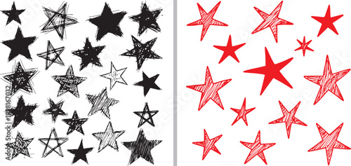 A dynamic collection of hand-drawn star doodles. Left side features messy, textured black ink sketches and solid silhouettes; right side displays vibrant red stars with energetic hatching.