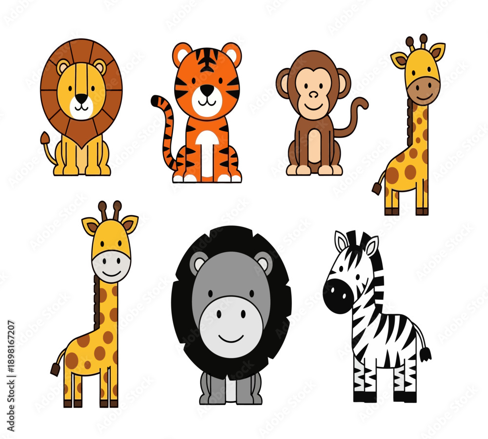 Fototapeta premium Cute Jungle Safari Animal Clipart Set for Kids Design 