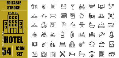 Hotel Editable Line Icons Set for Room Service, Swimming Pool, Luggage, Bed, Gym, Parking and WiFi Editable Stroke Vector Collection for Travel, Tourism, Hospitality, Hotel Booking and Infographics