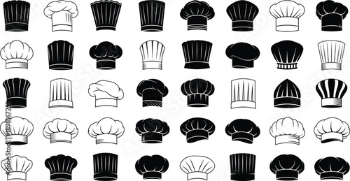 Chef Hat Silhouette Vector Illustration Set with Classic and Modern Cooking Toques in Black and White Styles for Restaurant, Culinary, and Food Branding Designs