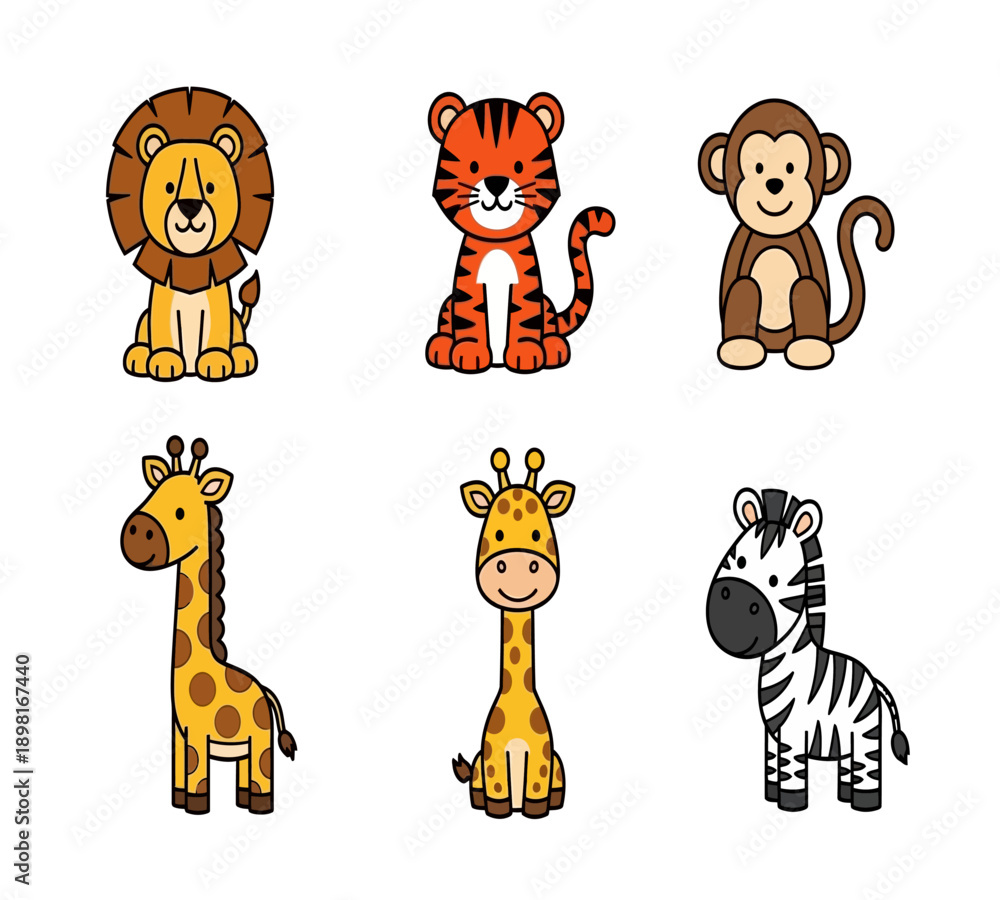 Fototapeta premium Cute Jungle Safari Animal Clipart Set for Kids Design 