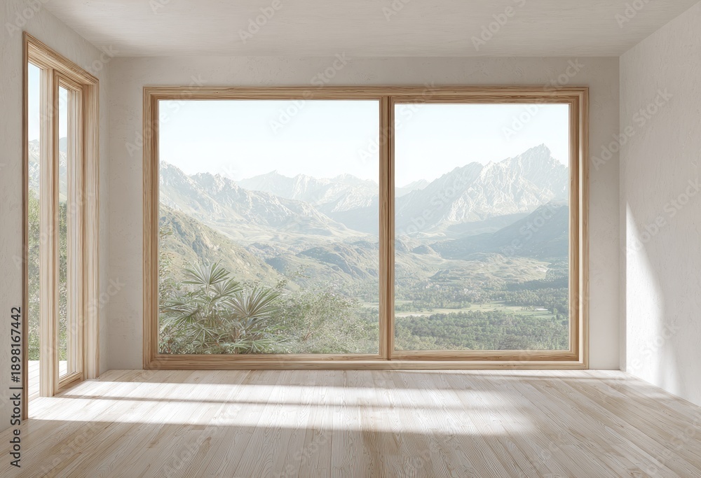 Fototapeta premium Empty room with expansive wooden windows framing a breathtaking mountain vista. Natural light floods the space