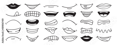Mouth smiles expressions set collection doodle hand drawn icon. Outline mouth drawing mouth tongue line clipart symbol.