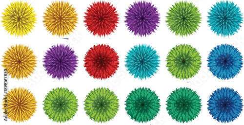 Colorful Abstract Flower Pom Pom Vector Illustration Set with Round Spiky Floral Shapes in Vibrant Colors for Decorative, Pattern, and Creative Design Projects