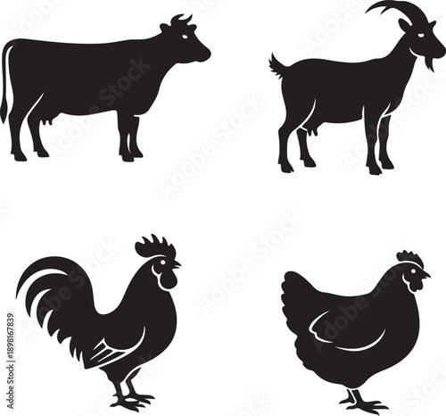 flat design animals silhouette set cow goat rooster hen